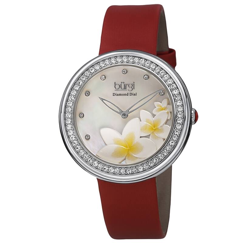 Burgi Women's Quartz Diamond Floral Plumeria Design Red Strap Watch