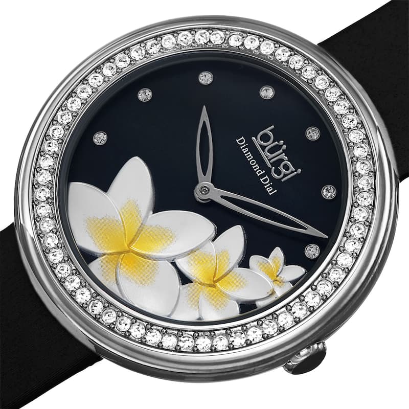 Burgi Women's Quartz Diamond Floral Plumeria Design Black Strap Watch