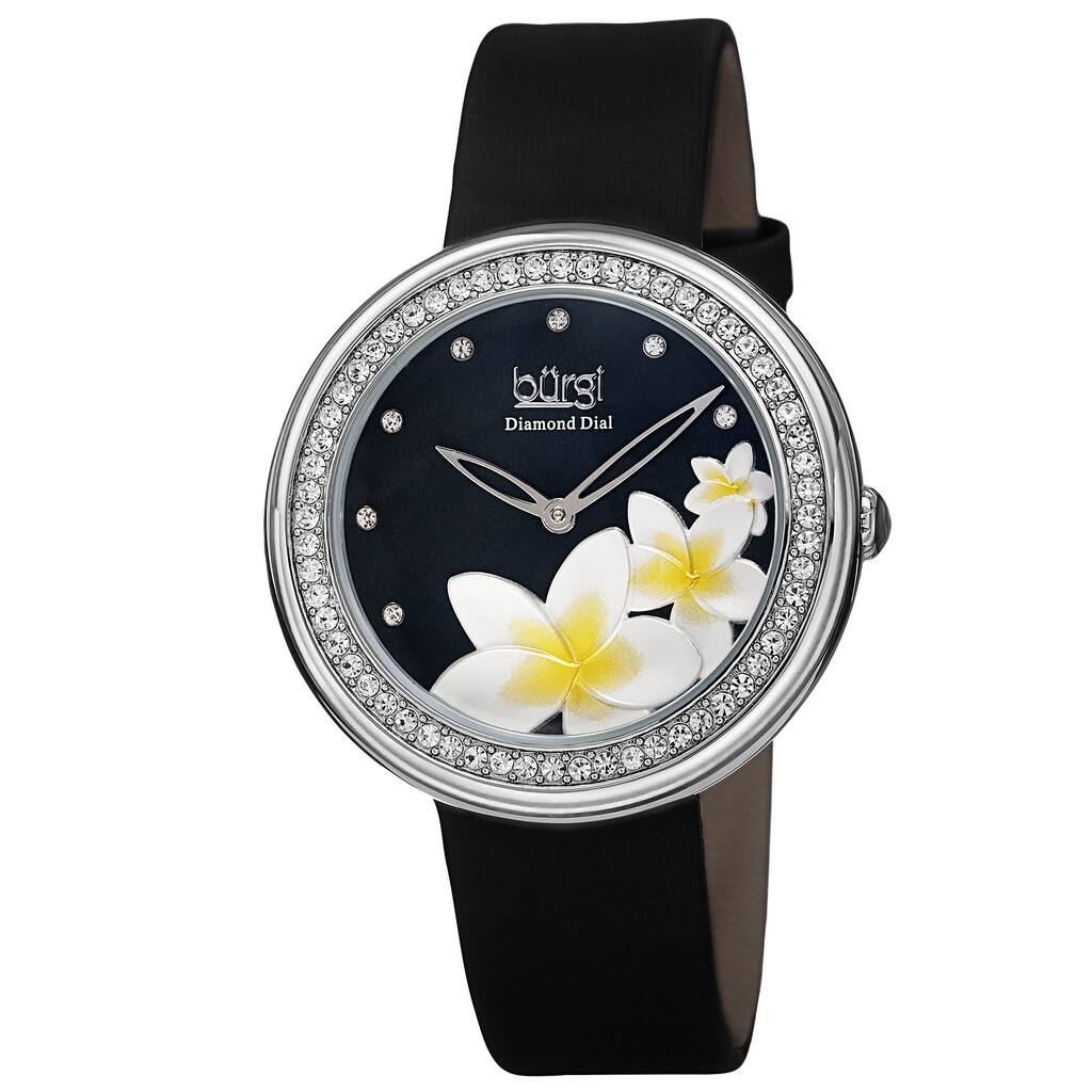 Burgi Women's Quartz Diamond Floral Plumeria Design Black Strap Watch