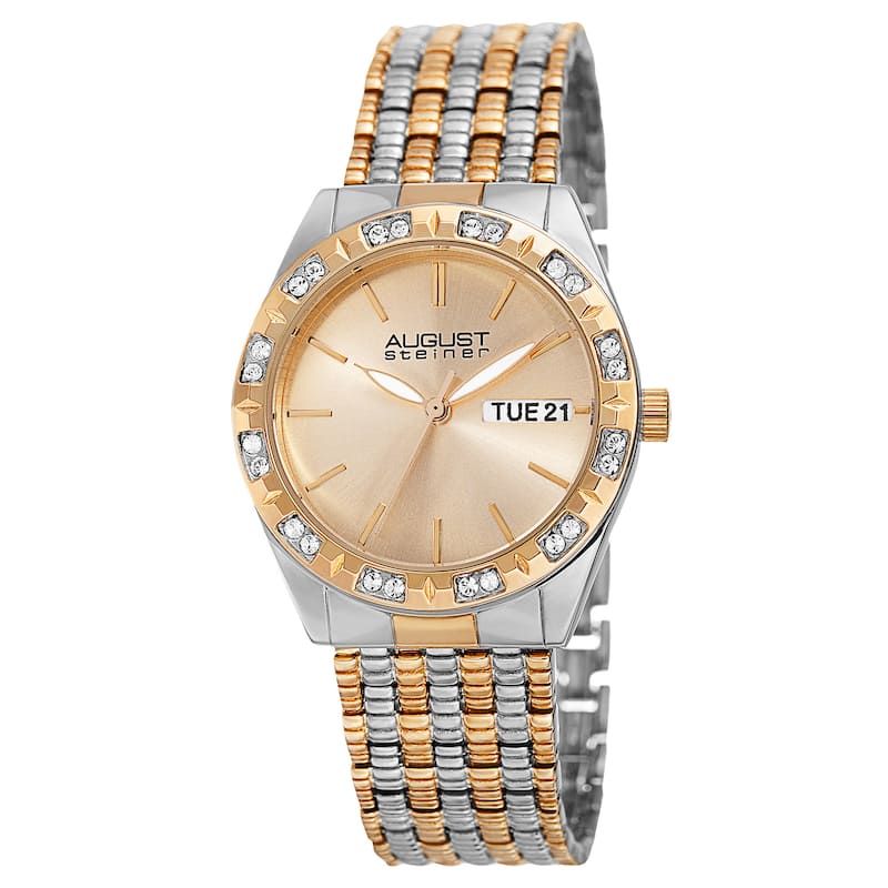 August Steiner Women's Quartz Swarovski Crystals Sunray Dial Two-Tone Bracelet Watch - Gold