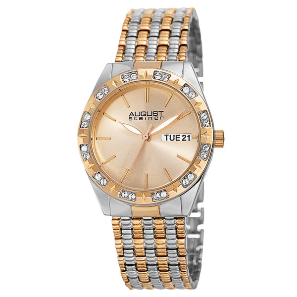August Steiner Women's Quartz Swarovski Crystals Sunray Dial Two-Tone Bracelet Watch - Gold
