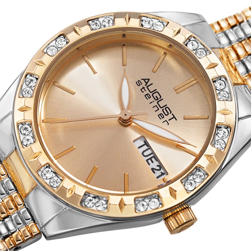 August Steiner Women's Quartz Swarovski Crystals Sunray Dial Two-Tone Bracelet Watch - Gold