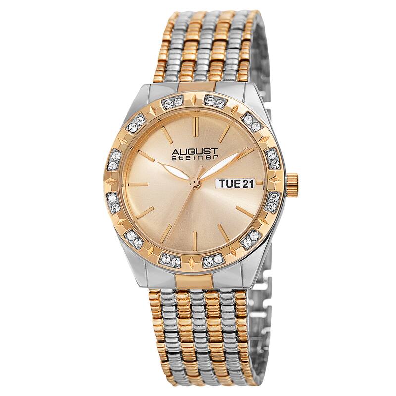 August Steiner Women's Quartz Swarovski Crystals Sunray Dial Two-Tone Bracelet Watch - Gold