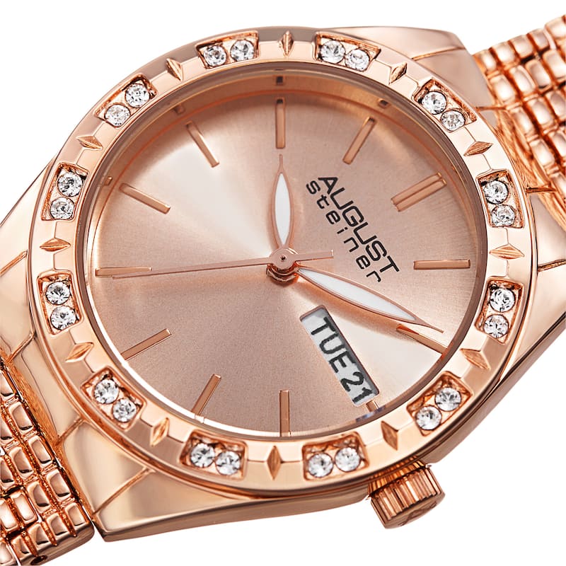 August Steiner Women's Quartz Swarovski Crystals Sunray Dial Rose-Tone Bracelet Watch - Gold