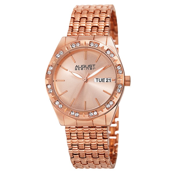 August Steiner Women's Quartz Swarovski Crystals Sunray Dial Rose-Tone Bracelet Watch with FREE Bangle - GOLD