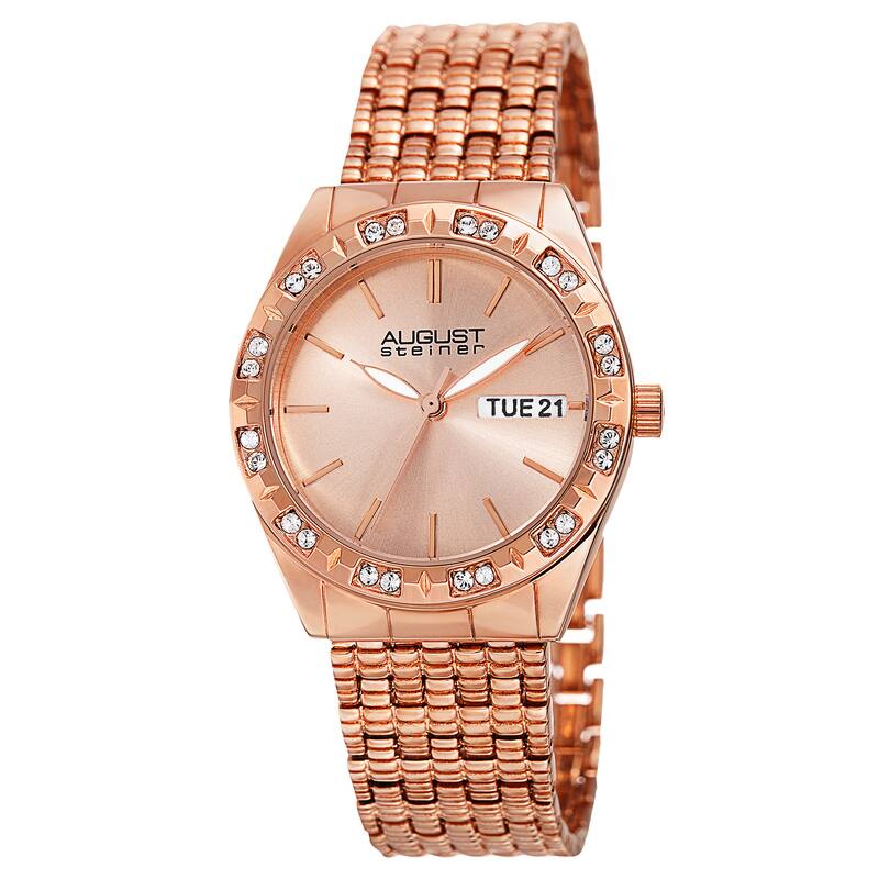 August Steiner Women's Quartz Swarovski Crystals Sunray Dial Rose-Tone Bracelet Watch - Gold