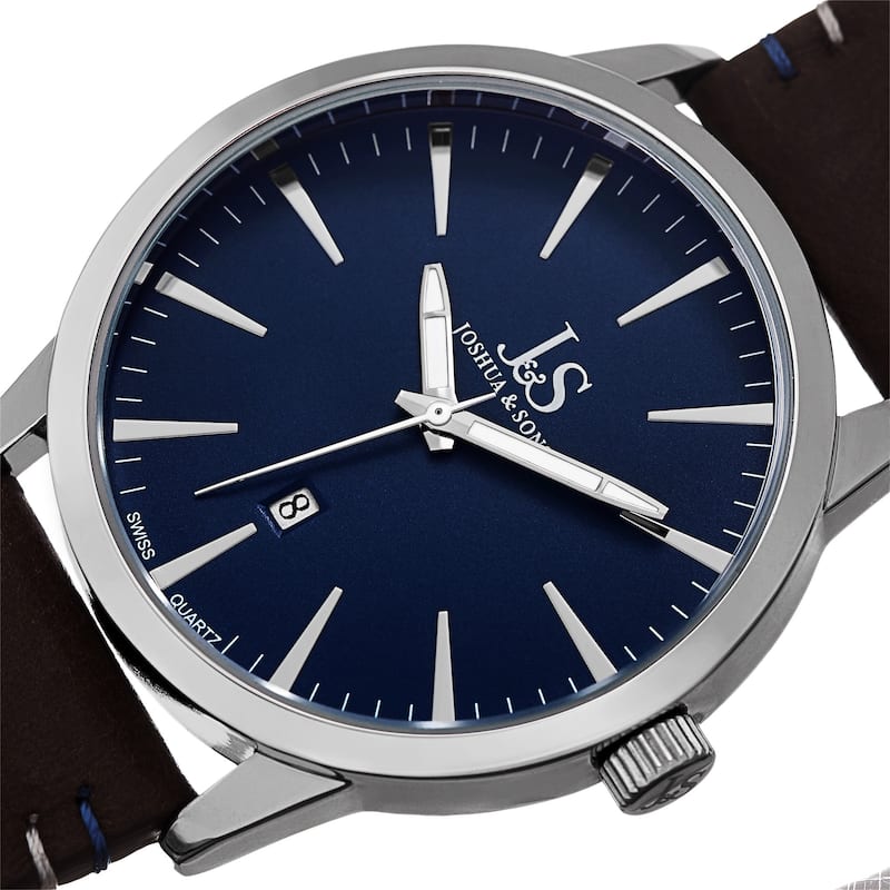 Joshua & Sons Men's Swiss Quartz Glossy Dial Contrast Stitching Leather Silver-Tone Strap Watch - BLue