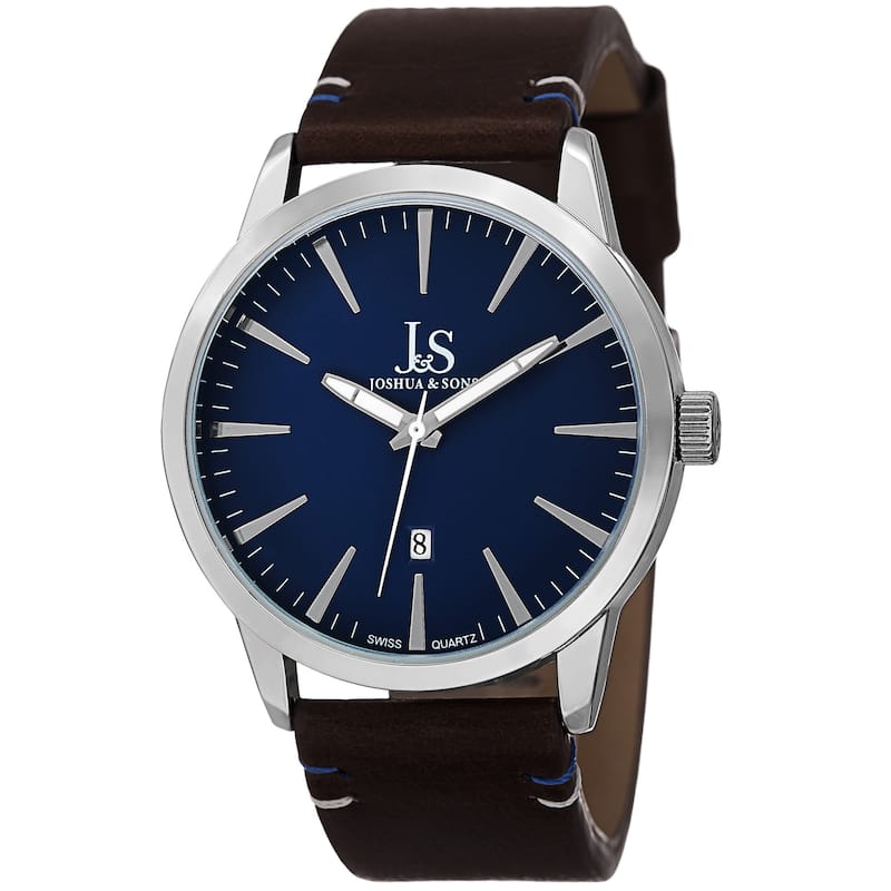 Joshua & Sons Men's Swiss Quartz Glossy Dial Contrast Stitching Leather Silver-Tone Strap Watch - BLue