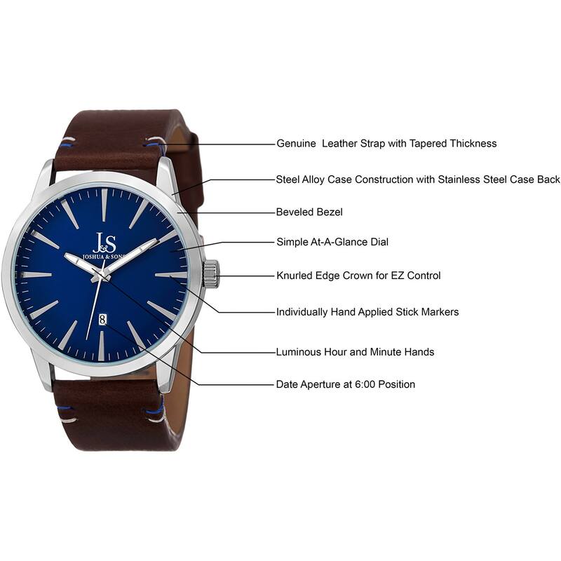 Joshua & Sons Men's Swiss Quartz Glossy Dial Contrast Stitching Leather Silver-Tone Strap Watch - BLue