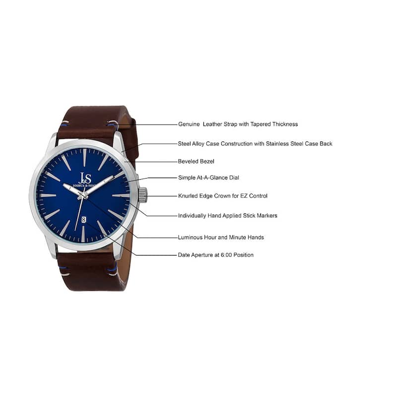 Joshua & Sons Men's Swiss Quartz Glossy Dial Contrast Stitching Leather Silver-Tone Strap Watch - BLue