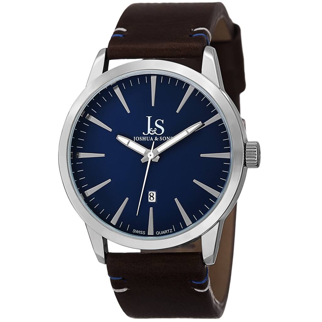 Joshua & Sons Men's Swiss Quartz Glossy Dial Contrast Stitching Leather Silver-Tone Strap Watch - BLue