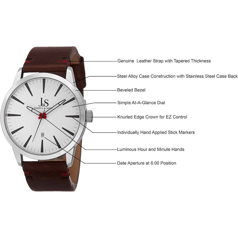 Joshua & Sons Men's Swiss Quartz Glossy Dial Contrast Stitching Leather Silver-Tone Strap Watch