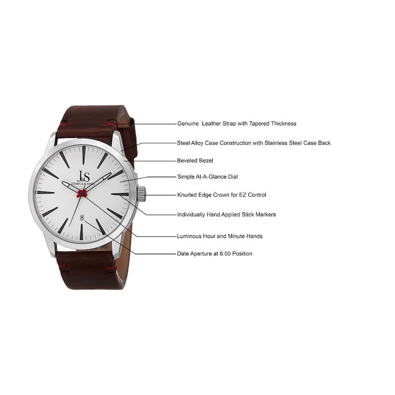 Joshua & Sons Men's Swiss Quartz Glossy Dial Contrast Stitching Leather Silver-Tone Strap Watch