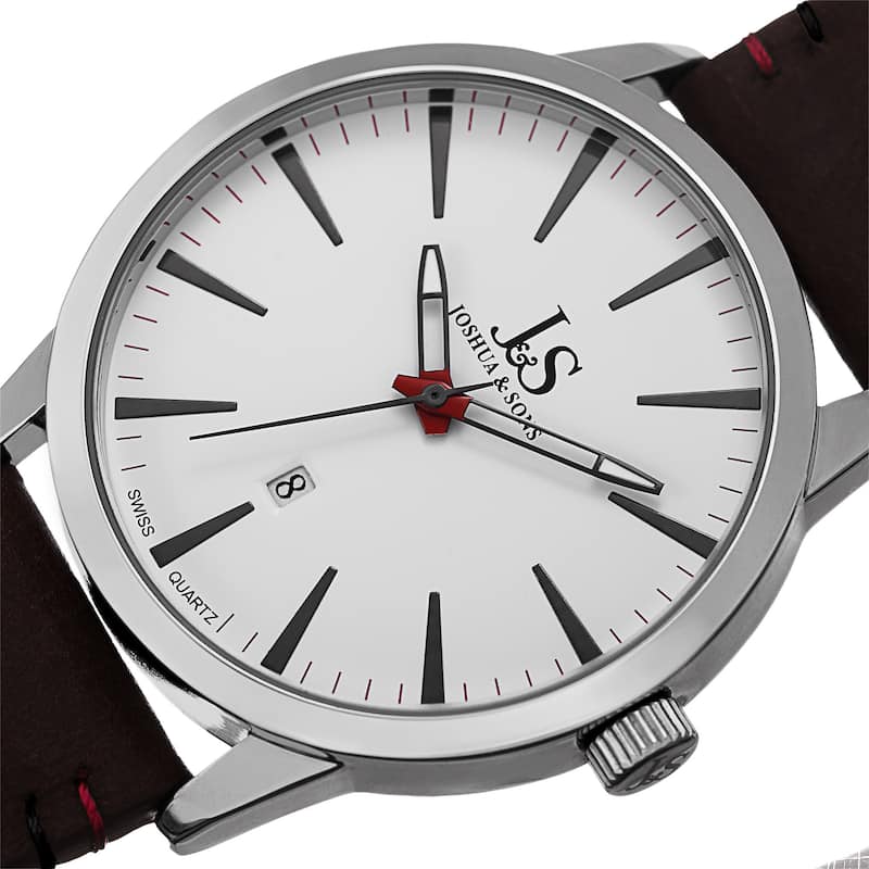 Joshua & Sons Men's Swiss Quartz Glossy Dial Contrast Stitching Leather Silver-Tone Strap Watch
