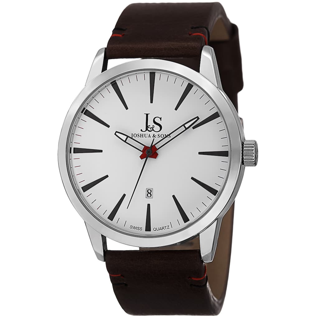 Joshua & Sons Men's Swiss Quartz Glossy Dial Contrast Stitching Leather Silver-Tone Strap Watch