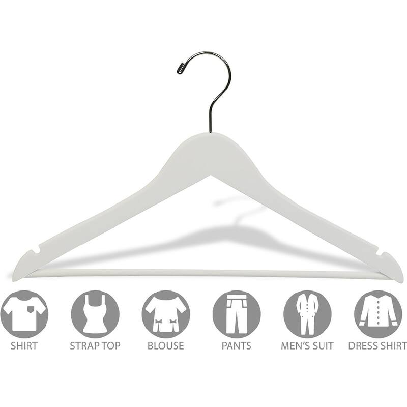 White Wood Suit Hanger with Notches and Solid Pant Bar, Box of 50