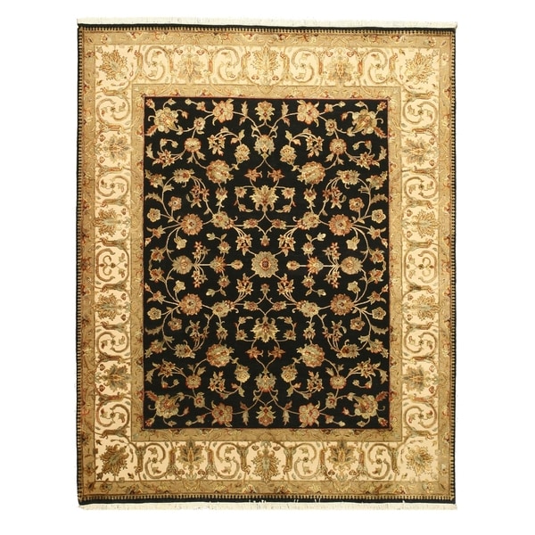 Hand-knotted Wool & Silk Black Traditional Oriental Flower Jaipur Rug (8' x 10') - 8' x 10'