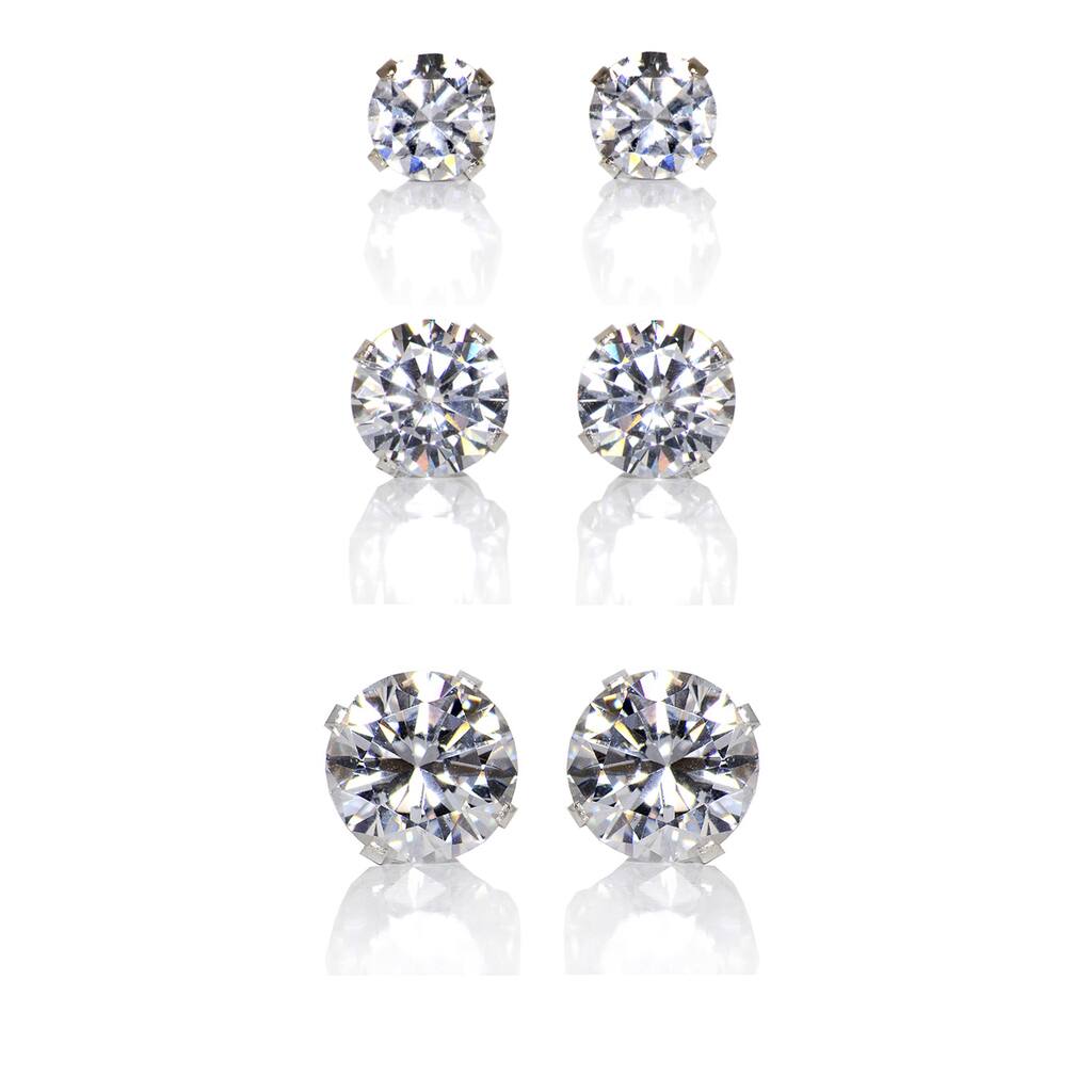 Sterling Silver Clear Cubic Zirconia 3-Pair Earring Stud Set (4, 6, 8mm)