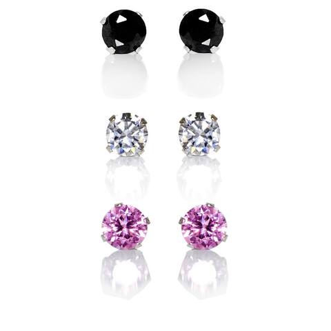 Sterling Silver Black, Clear and Pink 4-mm Cubic Zirconia 3-Pair Earring Stud Set