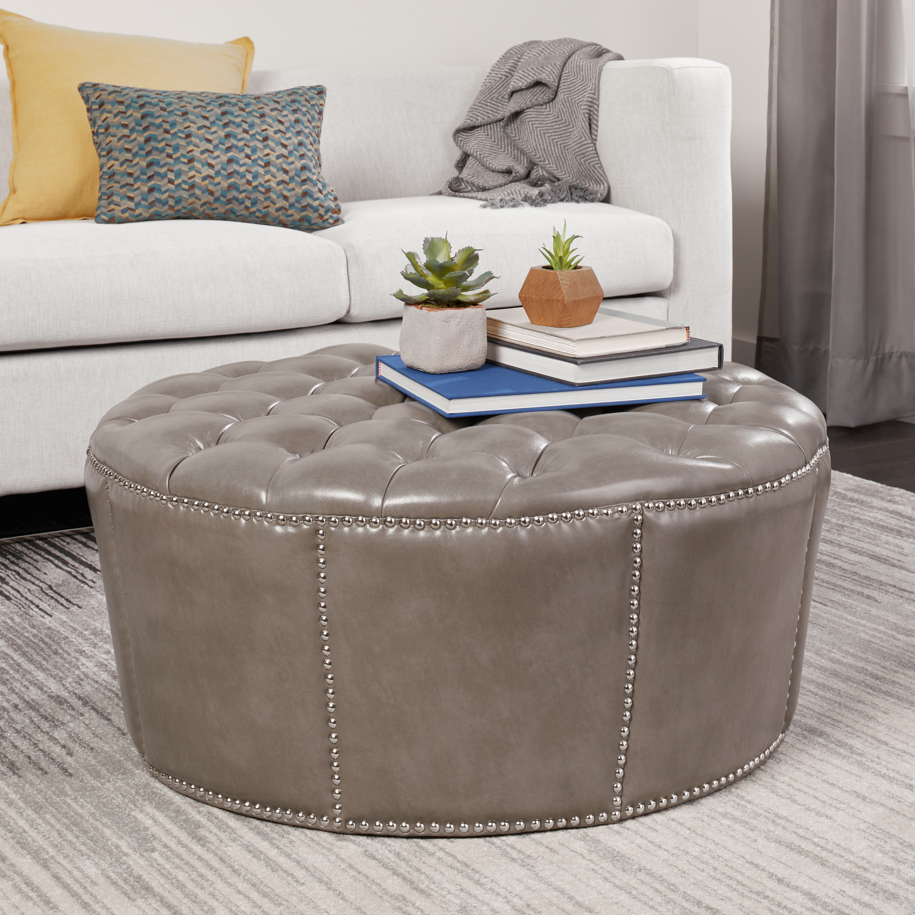 Abbyson Newport Grey Leather Nailhead Trim Round Ottoman On Abbyson Newport Grey Leather