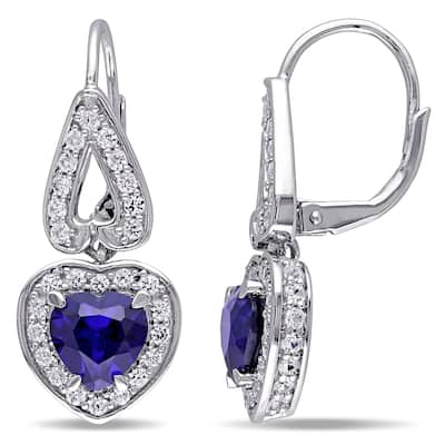 Miadora Sterling Silver Created Blue and White Sapphire Heart Earrings