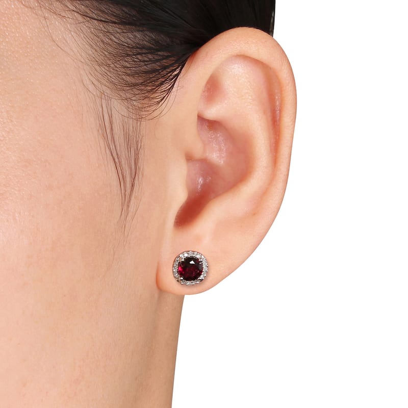 Miadora Sterling Silver Garnet and Diamond Accent Halo Earrings