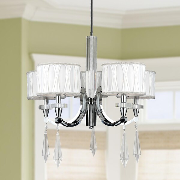 Cutlass 5 Light Arm Chrome Finish Clear Crystal Large Cutlass 5 Light Arm Chrome Finish Clear Crystal Large Chandelier White Fabric Shade