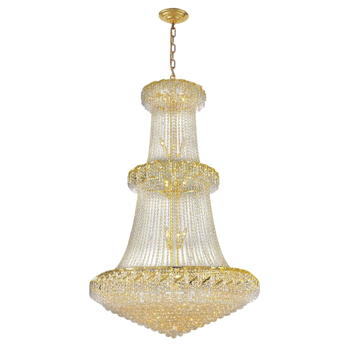 French Empire 32-light Gold Finish Crystal Tall Chandelier D42" x H66" Large (32 Lights Polished Gold Chandelier) - Chandeliers For Bedrooms by Overstock.com