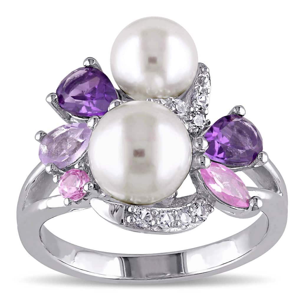Miadora Sterling Silver Cultured Freshwater White Pearl, Amethyst, Created Sapphire and Rose de Fran