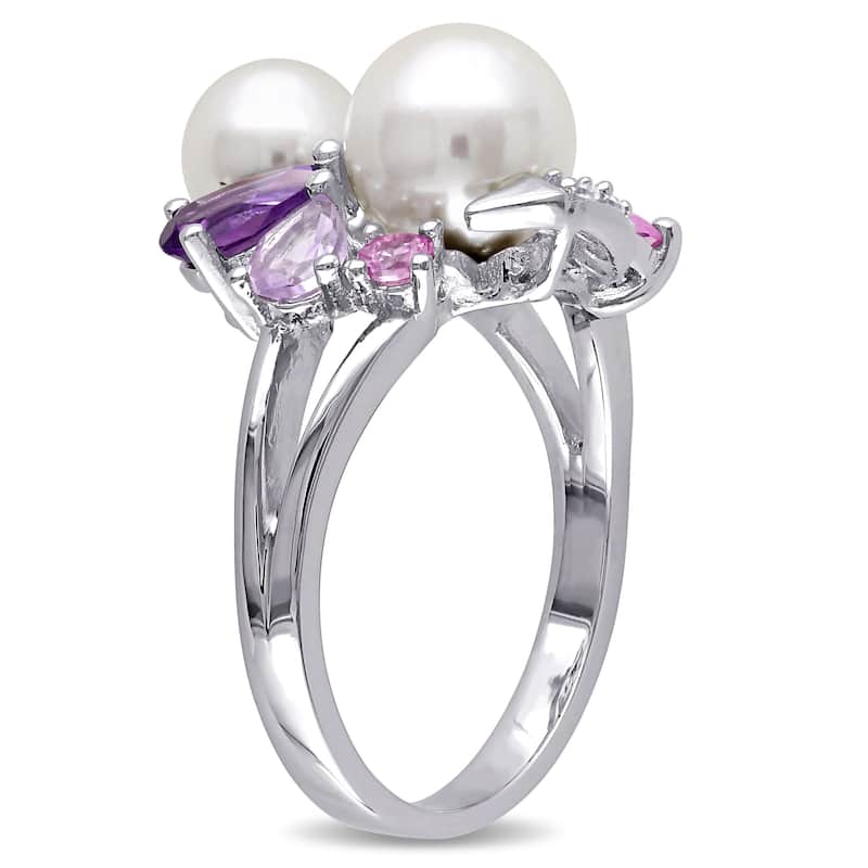 Miadora Sterling Silver Cultured Freshwater White Pearl, Amethyst, Created Sapphire and Rose de Fran