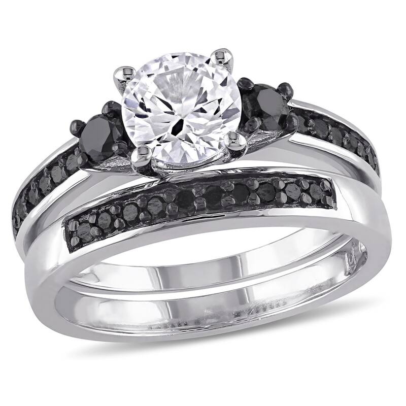 Miadora Sterling Silver Created White Sapphire and 2/ 5ct TDW Black Diamond Bridal Ring Set - 5