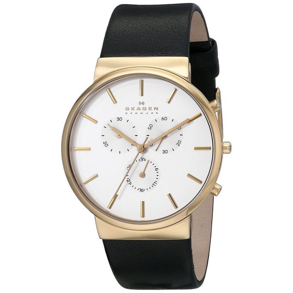 Skagen Mens SKW6143 Ancher Multi Function White Dial Black Leather