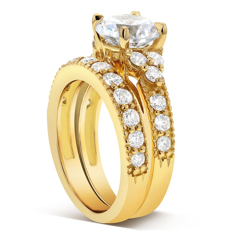 Annello by Kobelli 14k Yellow Gold Moissanite and 1 1/10ct TDW Antique Diamond Bridal Rings Set