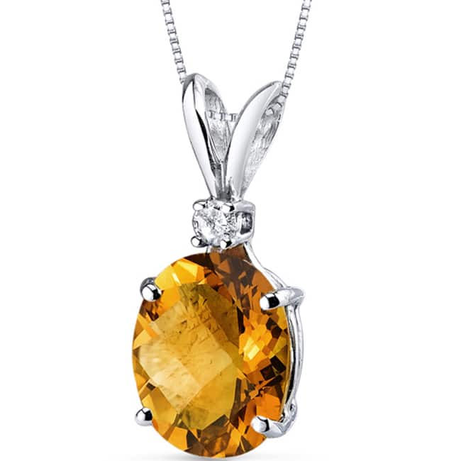 Oravo 14 Karat White Gold Oval Shape Gemstone Diamond Accent Pendant - Citrine