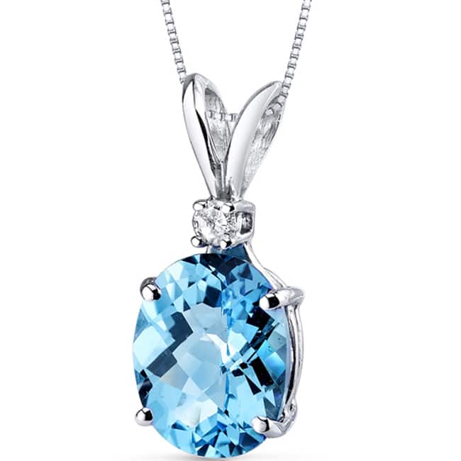 Oravo 14 Karat White Gold Oval Shape Gemstone Diamond Accent Pendant - Swiss Blue Topaz