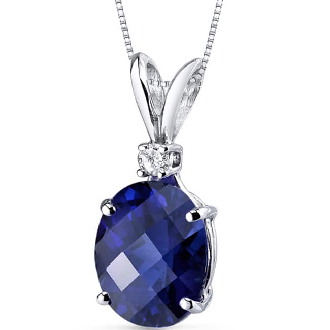 Oravo 14 Karat White Gold Oval Shape Gemstone Diamond Accent Pendant - Created Blue Sapphire