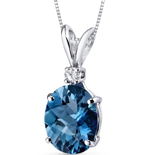 Oravo 14 Karat White Gold Oval Shape Gemstone Diamond Accent Pendant - London Blue Topaz