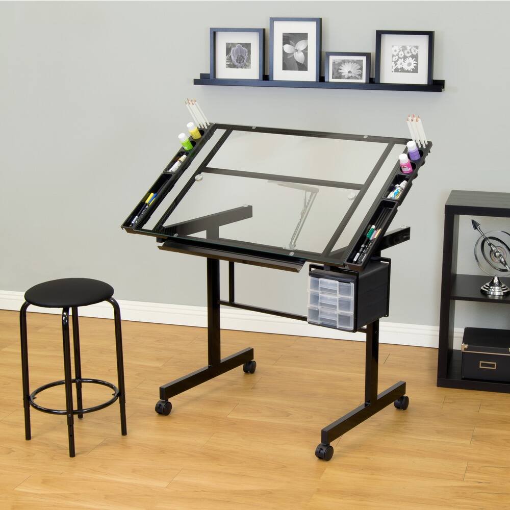 Studio Designs Vision Black Glass Top Drafting Table and Stool Set
