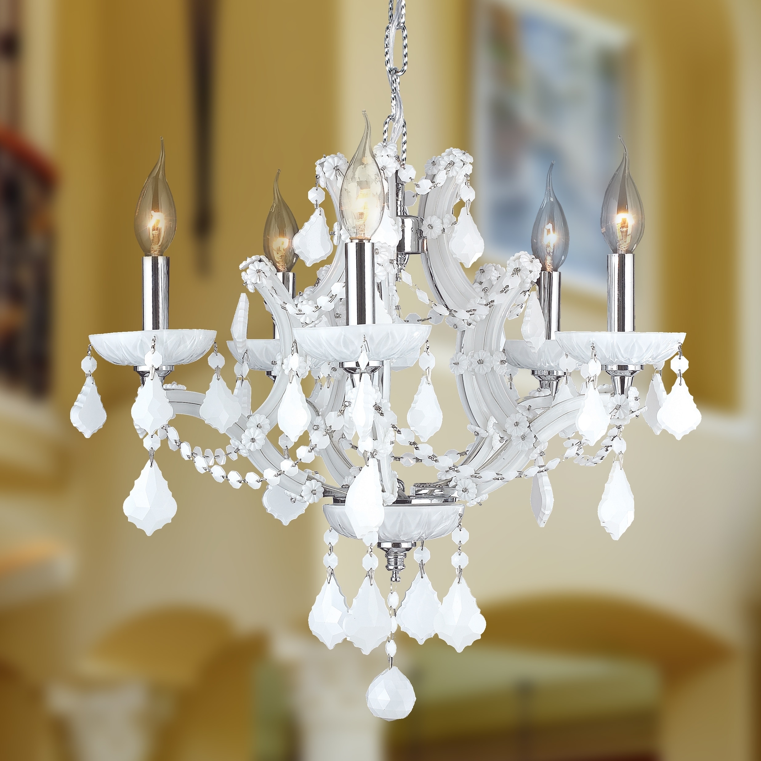 Maria Theresa 5-light Chrome Finish and White Crystal Chandelier 19" x 18" Medium (5 Lights Polished Chrome Chandelier) - Chandeliers For Bedrooms by Overstock.com