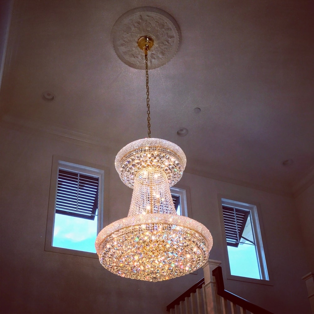 Empire 24 Light Gold Finish and Clear Crystal Chandelier 30 in. D x 40 in. H Round Large Empire 24 Light Gold Finish and Clear Crystal Chandelier 30 in. D x 40 in. H Round Large