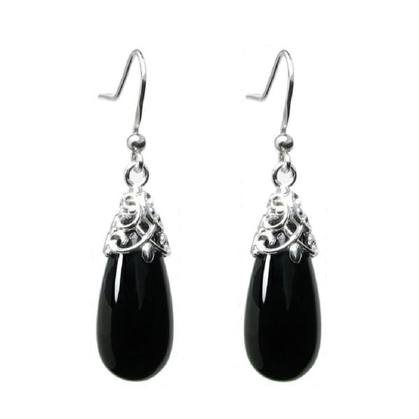 Queenberry Sterling Silver Filigree Flower Bail Teardrop Black Queenberry Sterling Silver Filigree Flower Bail Teardrop Black Onyx Dangle Earrings