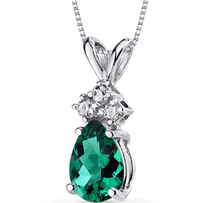 Oravo 14k White Gold Pear-cut Gemstone and Diamond Accent Pendant Necklace - Created Emerald