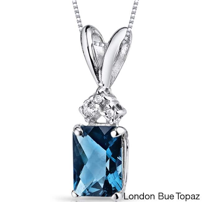 Oravo 14k White Gold Emerald-cut Gemstone Diamond Accent Pendant - London Blue Topaz