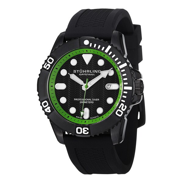 Stuhrling Original Men's Atlantis Sport Swiss Quartz Rubber Strap Watch - Black