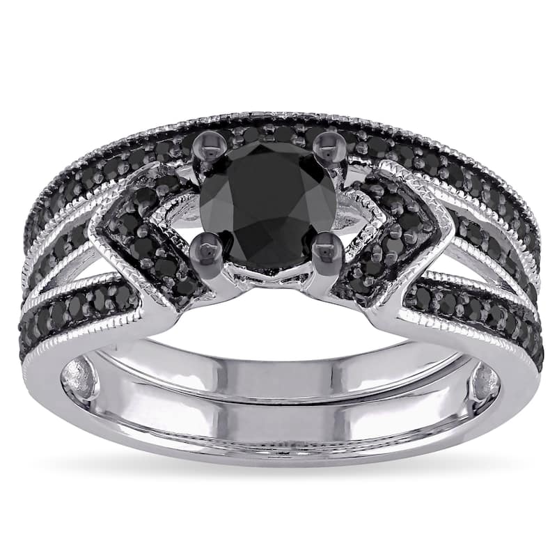 Miadora Sterling Silver 1 1/8ct TDW Black Diamond Bridal Ring Set - 5