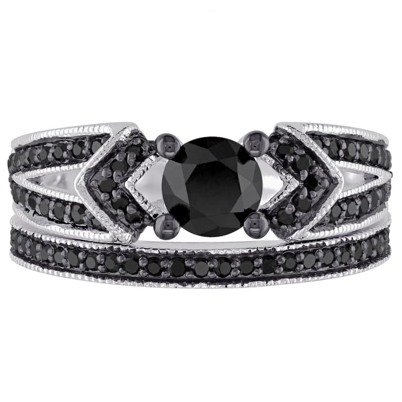 Miadora Sterling Silver 1 1/8ct TDW Black Diamond Bridal Ring Set