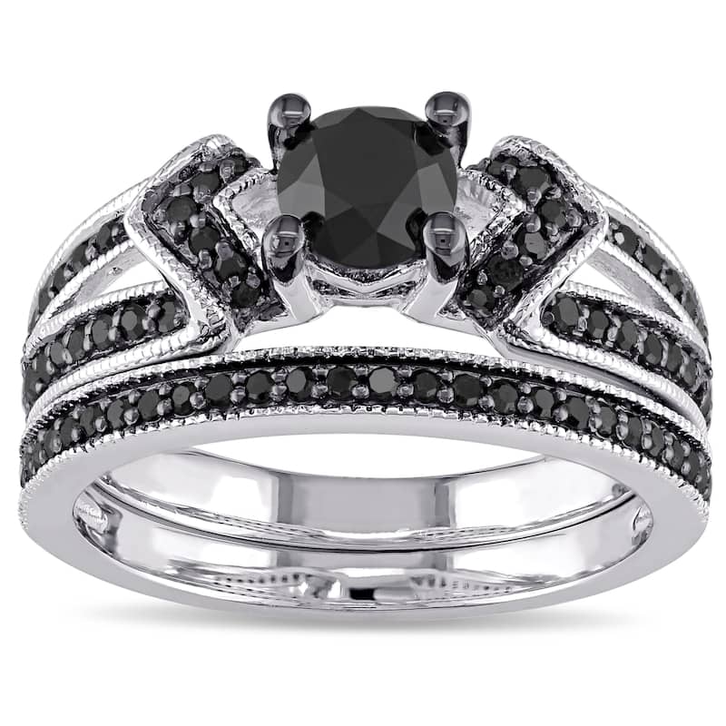 Miadora Sterling Silver 1 1/8ct TDW Black Diamond Bridal Ring Set