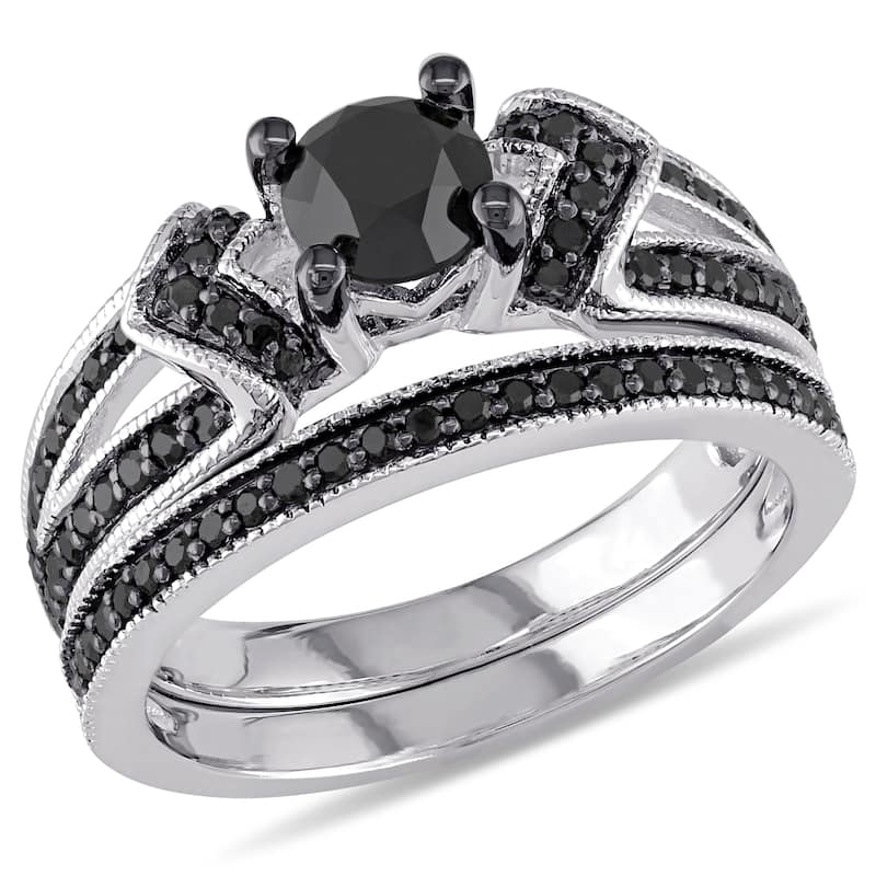 Miadora Sterling Silver 1 1/8ct TDW Black Diamond Bridal Ring Set