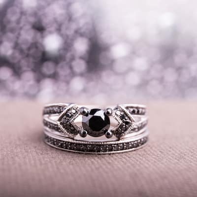 Miadora Sterling Silver 1 1/8ct TDW Black Diamond Bridal Ring Set
