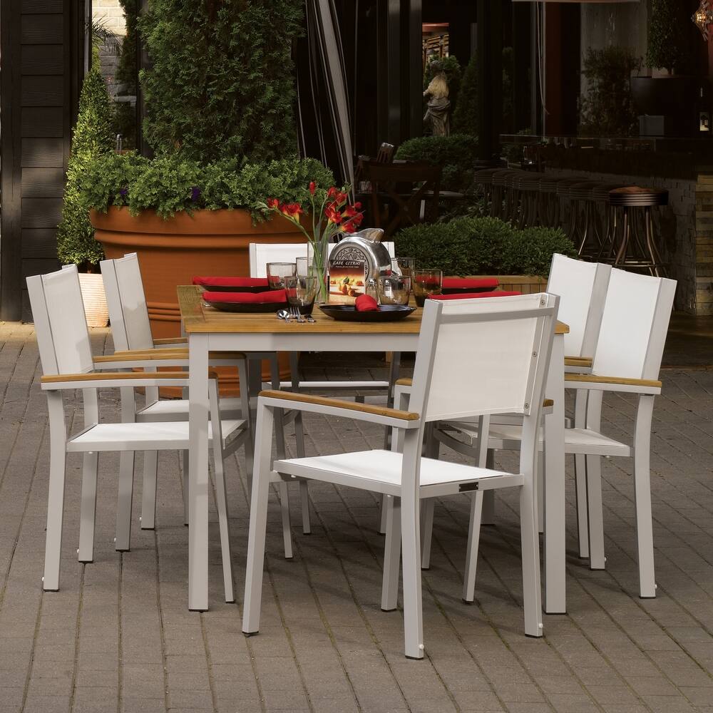 Oxford Garden Travira 7-piece 63 inch Table Set, Natural Sling - Teak Armcaps